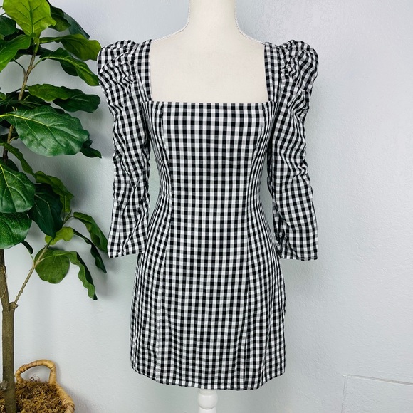 Lovers + Friends Black White Buffalo Plaid Puff Rouch Sleeve Lace up Mini Dress - Picture 2 of 10